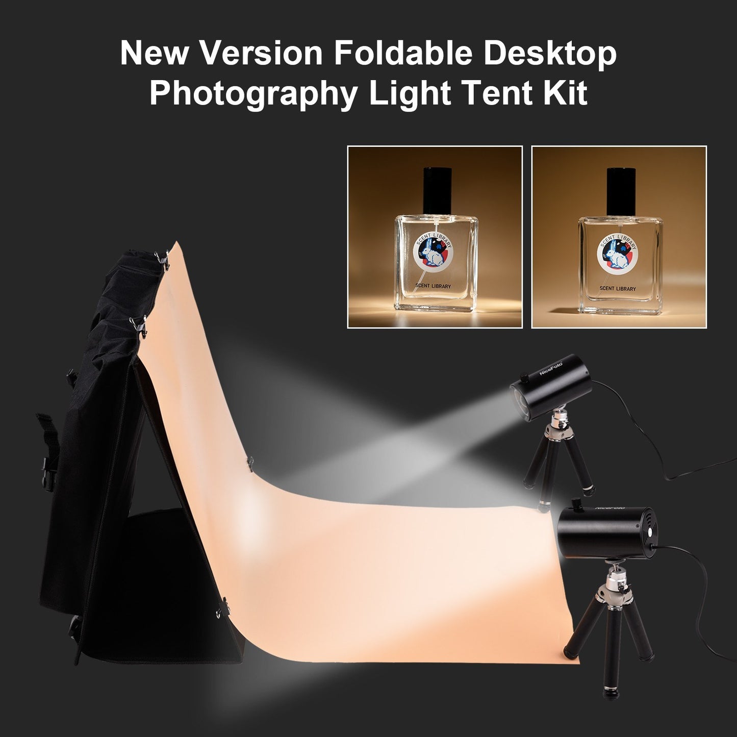 NICEFOTO 40x40cm/16x16in Portable Folding Desktop Photography Light Tent Kit with Folding Light Box + 2 Adjustable LED Lights + 2 Mini Tripods + 3 Backdrops + 4 Backdrop Clips Photographic Accessories