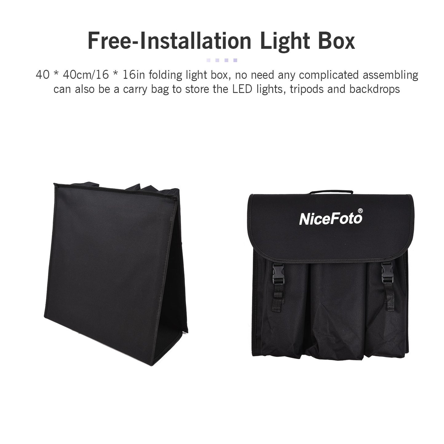 NICEFOTO 40x40cm/16x16in Portable Folding Desktop Photography Light Tent Kit with Folding Light Box + 2 Adjustable LED Lights + 2 Mini Tripods + 3 Backdrops + 4 Backdrop Clips Photographic Accessories