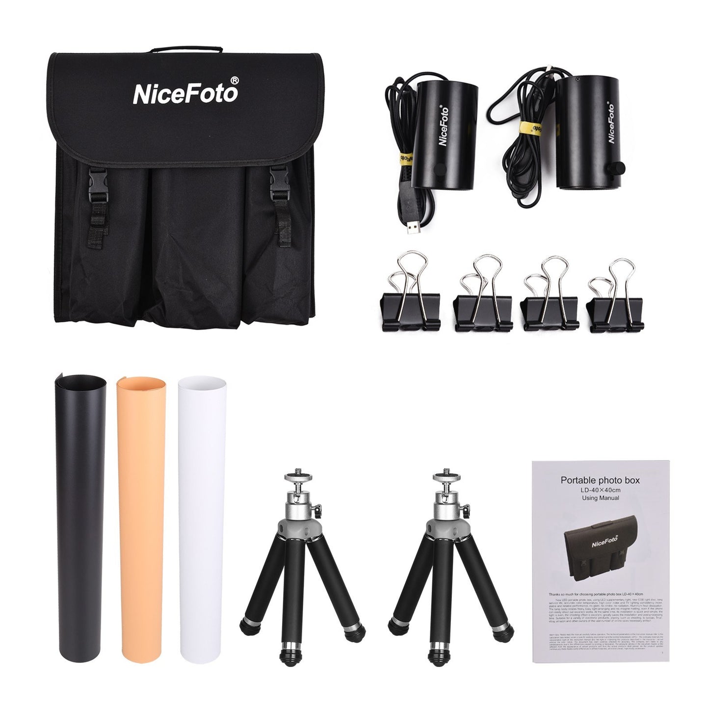 NICEFOTO 40x40cm/16x16in Portable Folding Desktop Photography Light Tent Kit with Folding Light Box + 2 Adjustable LED Lights + 2 Mini Tripods + 3 Backdrops + 4 Backdrop Clips Photographic Accessories