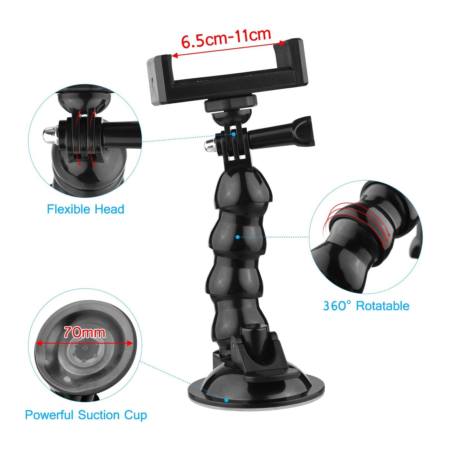 16cm/6.3in Flexible Suction Cup Mount Windshield Phone Stand 360-Degree Rotating Holder with 1/4 Inch Screw Connector for Smartphones Action Cameras