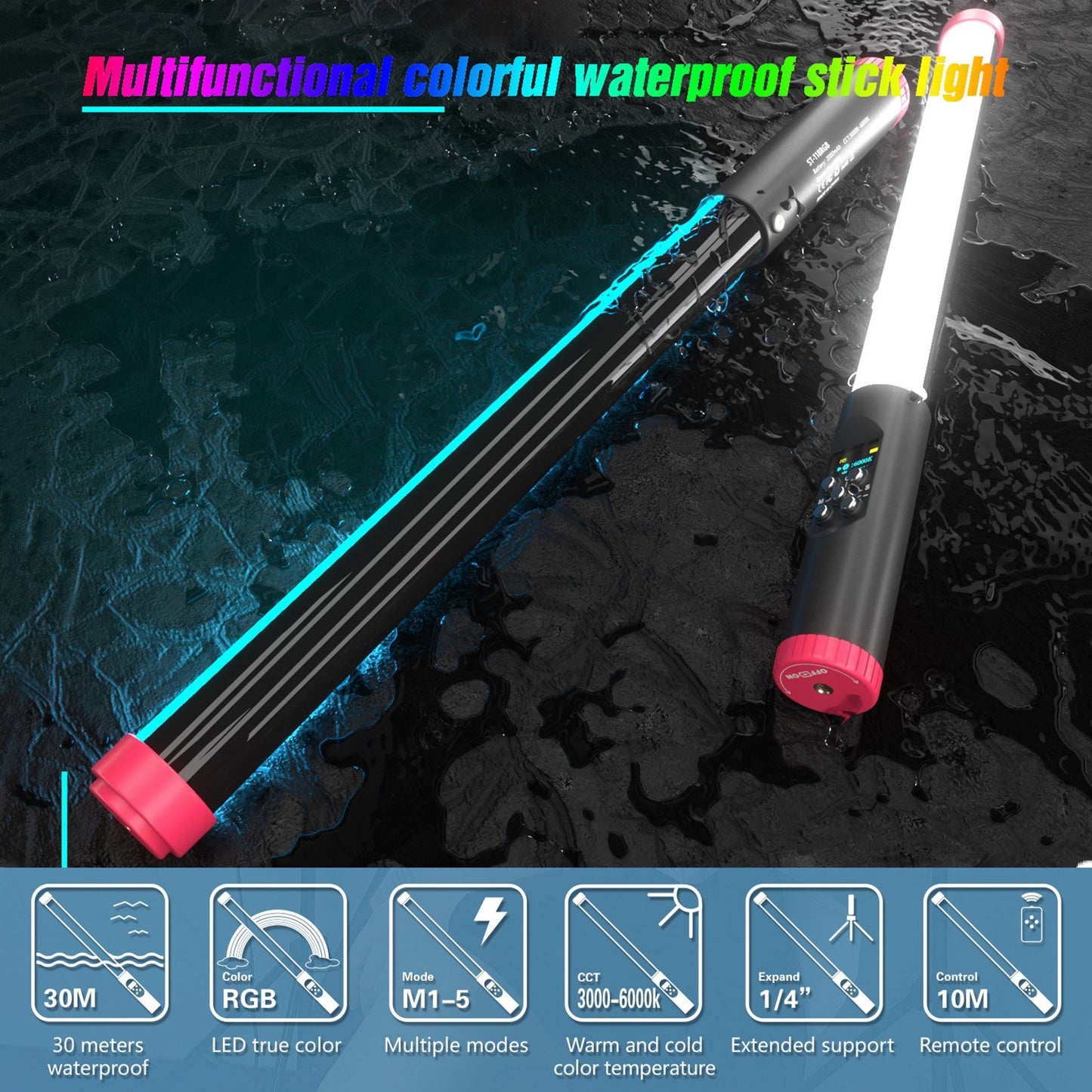 Portable Handheld RGB Tube Light IPX8 30M Waterproof 3000K-6000K Dimmable LED Light with Remote Control Carry Bag for Vlog Live Streaming Underwater Photography