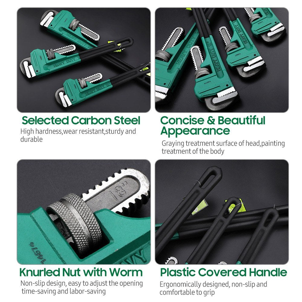 8 Inch Heavy Duty Pipe Wrench Carbon Steel Adjustable Plumbing Wrench Plumber Repair Tool - Green Black/8 Inch