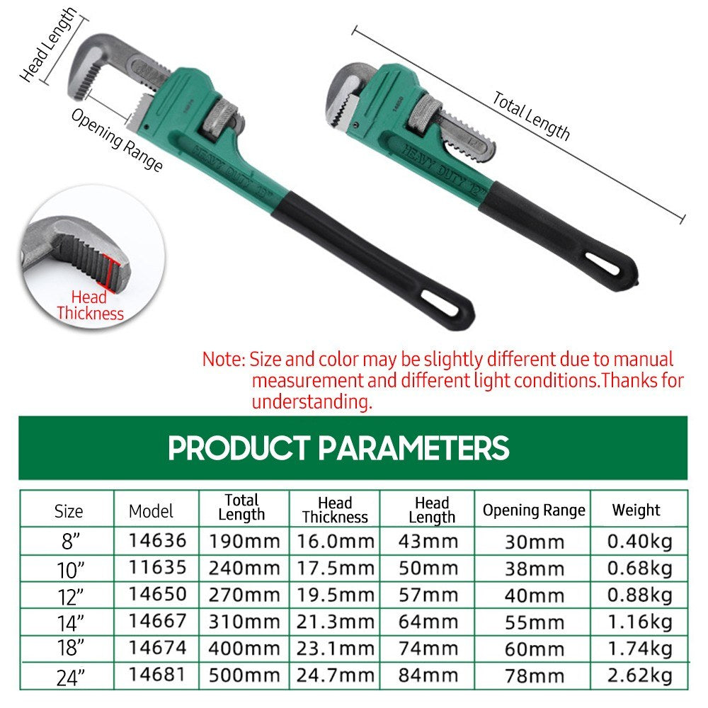 8 Inch Heavy Duty Pipe Wrench Carbon Steel Adjustable Plumbing Wrench Plumber Repair Tool - Green Black/8 Inch