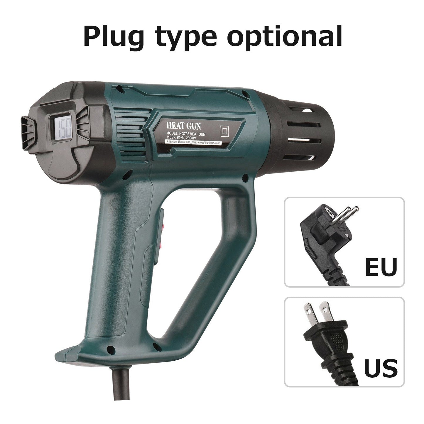 Hot Air Blower 2000W High Power Electronic Digital Display Hot Air Heat Gun Handheld Air Heater for Handicrafts Shrink Packaging - EU Plug 220V