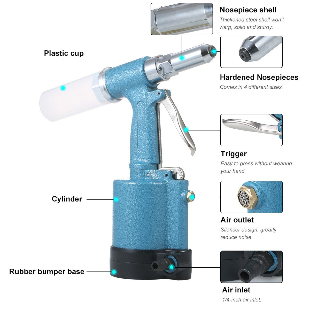 Industrial Pneumatic Rivet Gun Heavy Duty Air Riveter Gun Self-plugging Riveting Tool with 4 Nosepieces - Type 1/Blue