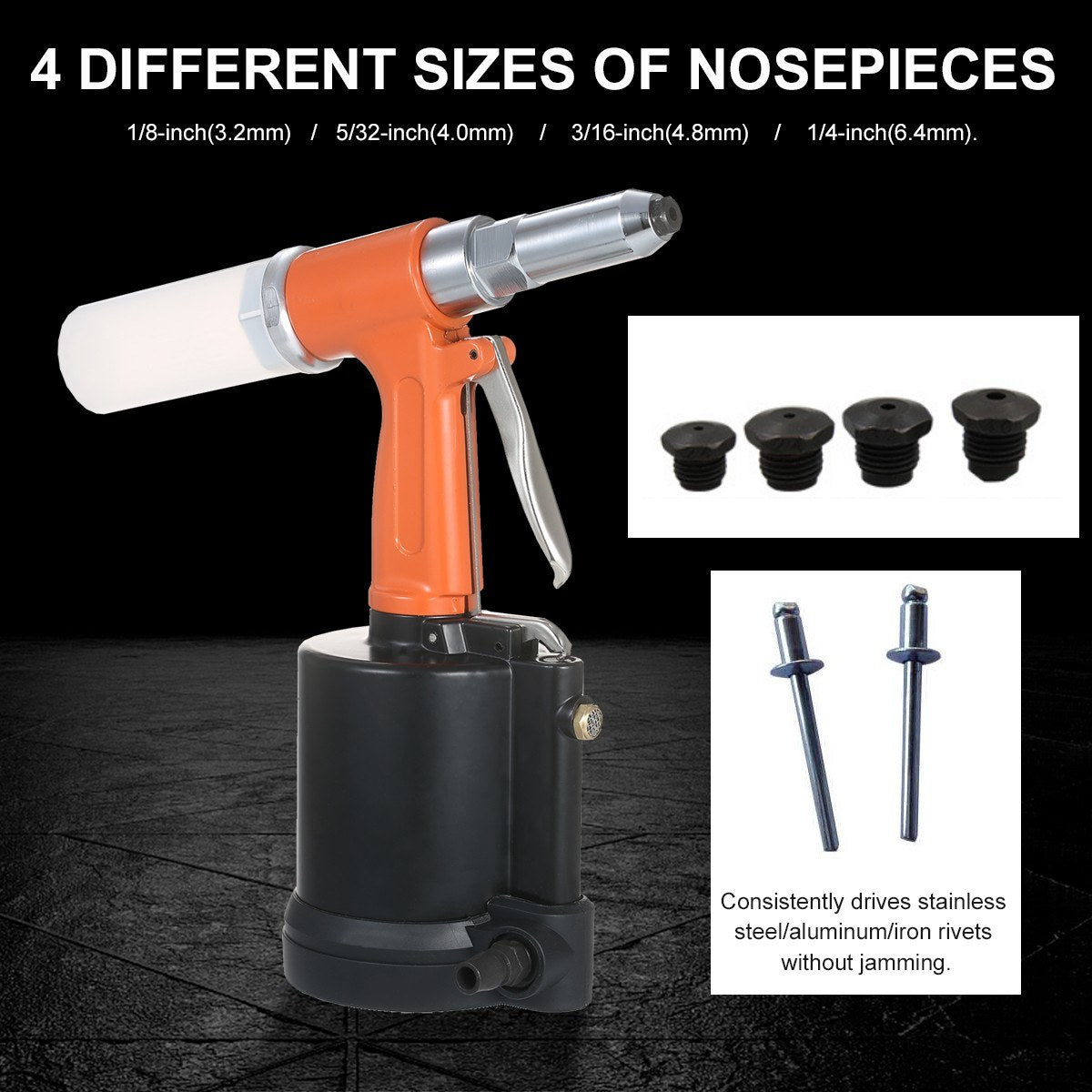 Industrial Pneumatic Rivet Gun Heavy Duty Air Riveter Gun Self-plugging Riveting Tool with 4 Nosepieces - Type 2/Orange