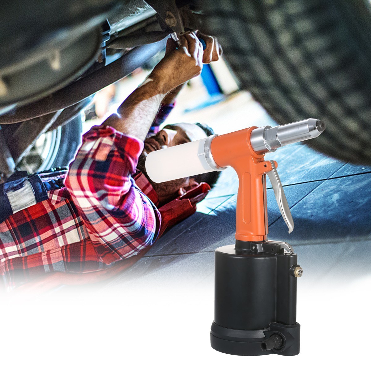 Industrial Pneumatic Rivet Gun Heavy Duty Air Riveter Gun Self-plugging Riveting Tool with 4 Nosepieces - Type 2/Orange