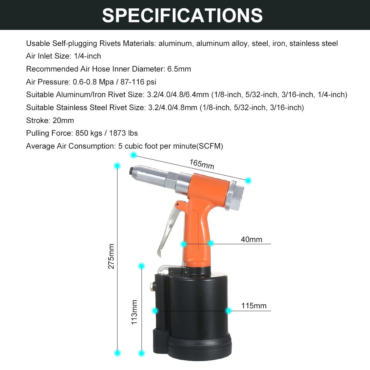 Industrial Pneumatic Rivet Gun Heavy Duty Air Riveter Gun Self-plugging Riveting Tool with 4 Nosepieces - Type 2/Orange