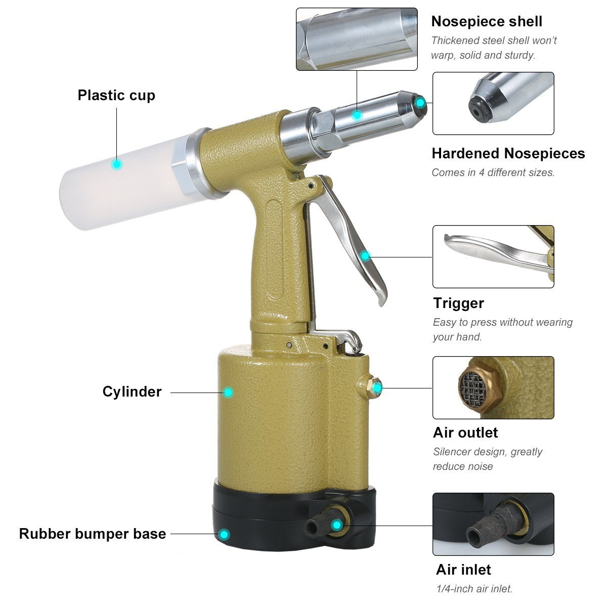 Industrial Pneumatic Rivet Gun Heavy Duty Air Riveter Gun Self-plugging Riveting Tool with 4 Nosepieces - Type 1/Gold