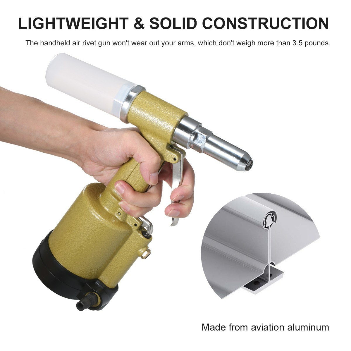 Industrial Pneumatic Rivet Gun Heavy Duty Air Riveter Gun Self-plugging Riveting Tool with 4 Nosepieces - Type 1/Gold