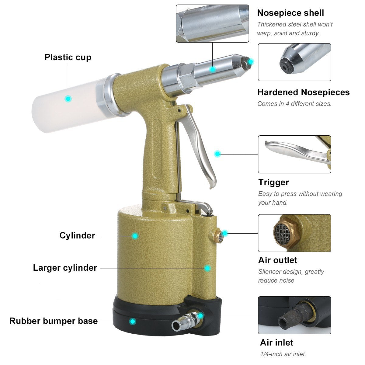 Industrial Pneumatic Rivet Gun Heavy Duty Air Riveter Gun Self-plugging Riveting Tool with 4 Nosepieces - Type 2/Gold