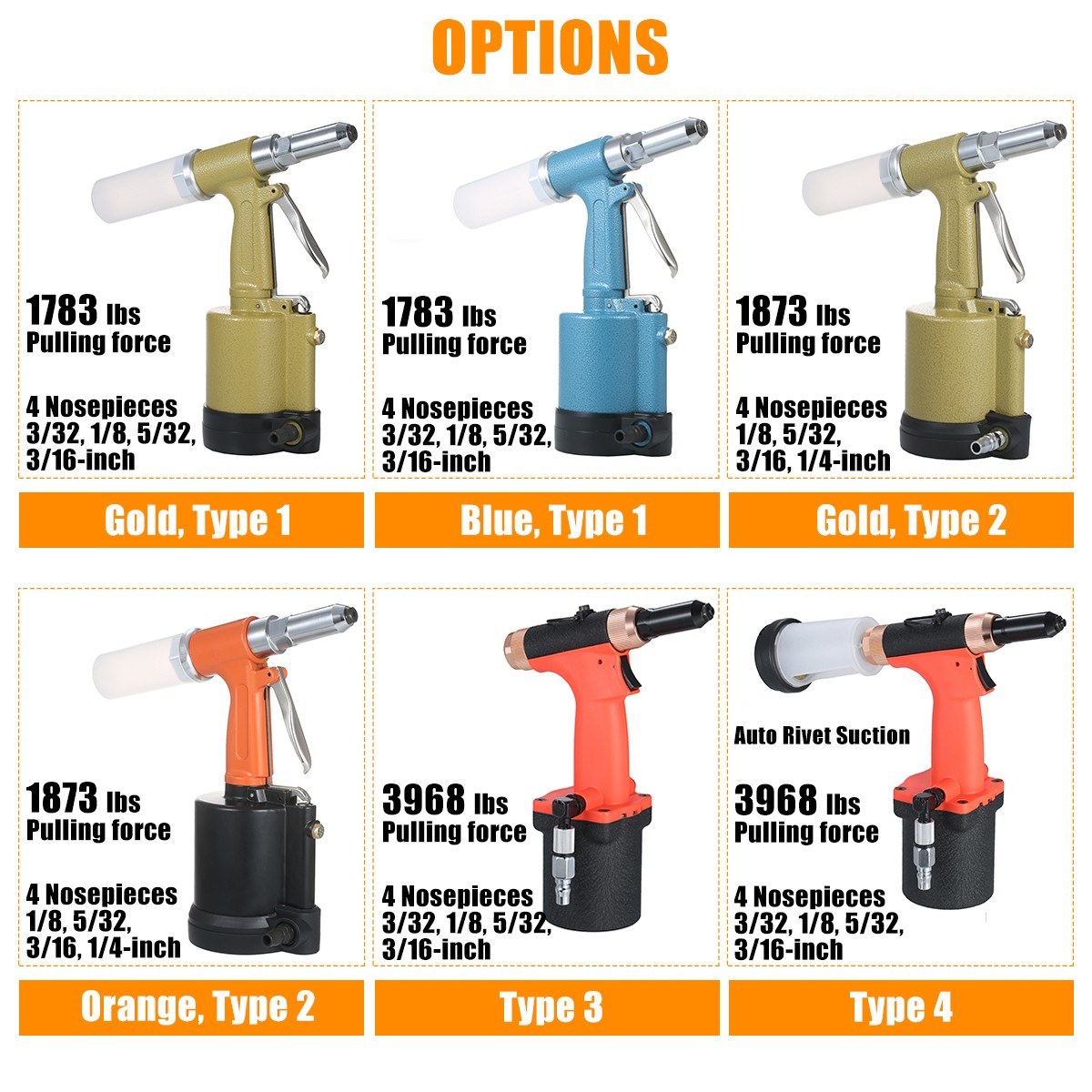 Industrial Pneumatic Rivet Gun Heavy Duty Air Riveter Gun Self-plugging Riveting Tool with 4 Nosepieces - Type 2/Gold