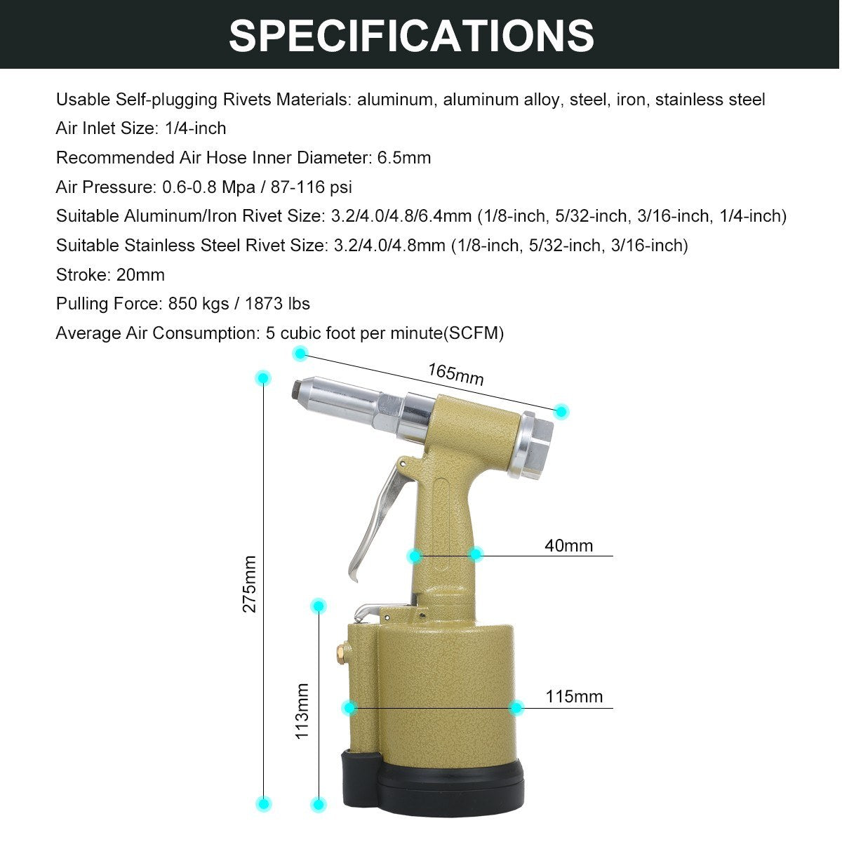 Industrial Pneumatic Rivet Gun Heavy Duty Air Riveter Gun Self-plugging Riveting Tool with 4 Nosepieces - Type 2/Gold