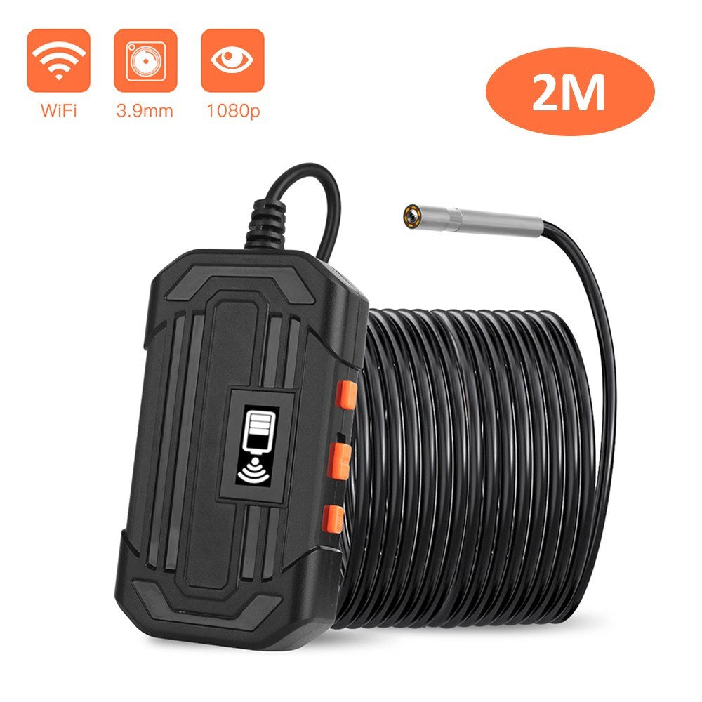 2m Hard Wire Wireless Fidelity Connected Industrial Endoscope Borescope IP67 Waterproof Inspection Camera with Built-in 6pcs Dimmable LEDs 3.9mm Lens 1960*1080 Resolution