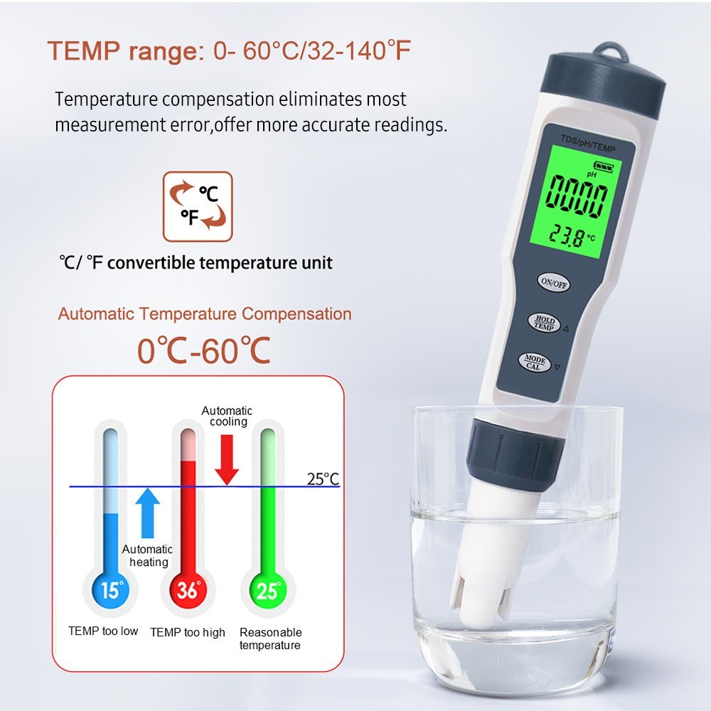 3-in-1 Digital TDS Tester Pen with PH TDS Temperature Measurement High Accuracy 1-19999ppm and 0-14 PH Range Backlit Display