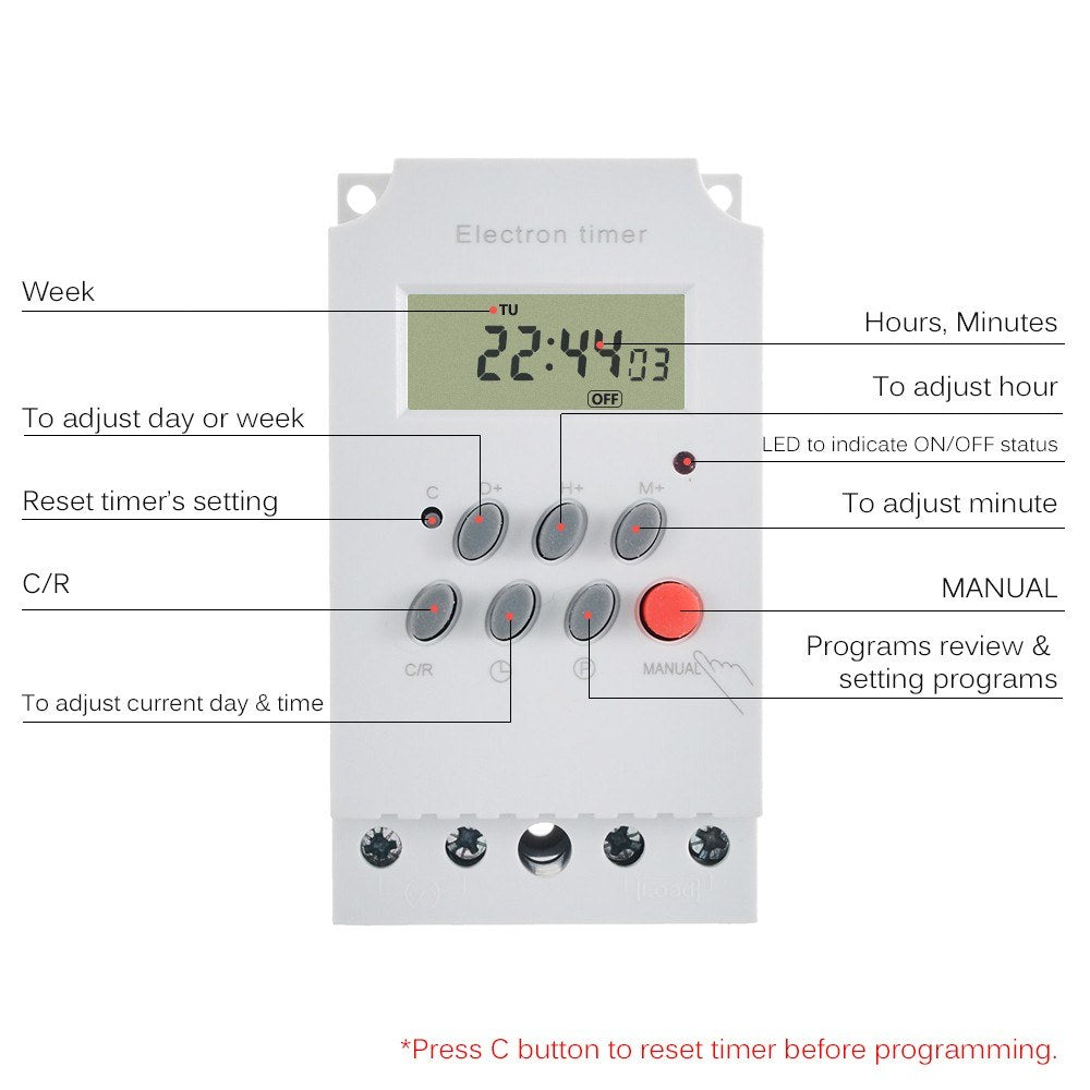 Digital Programmable Timer LCD Display Clock AC 220V 25A Din Rail Electronic Timer Time Switch Controller