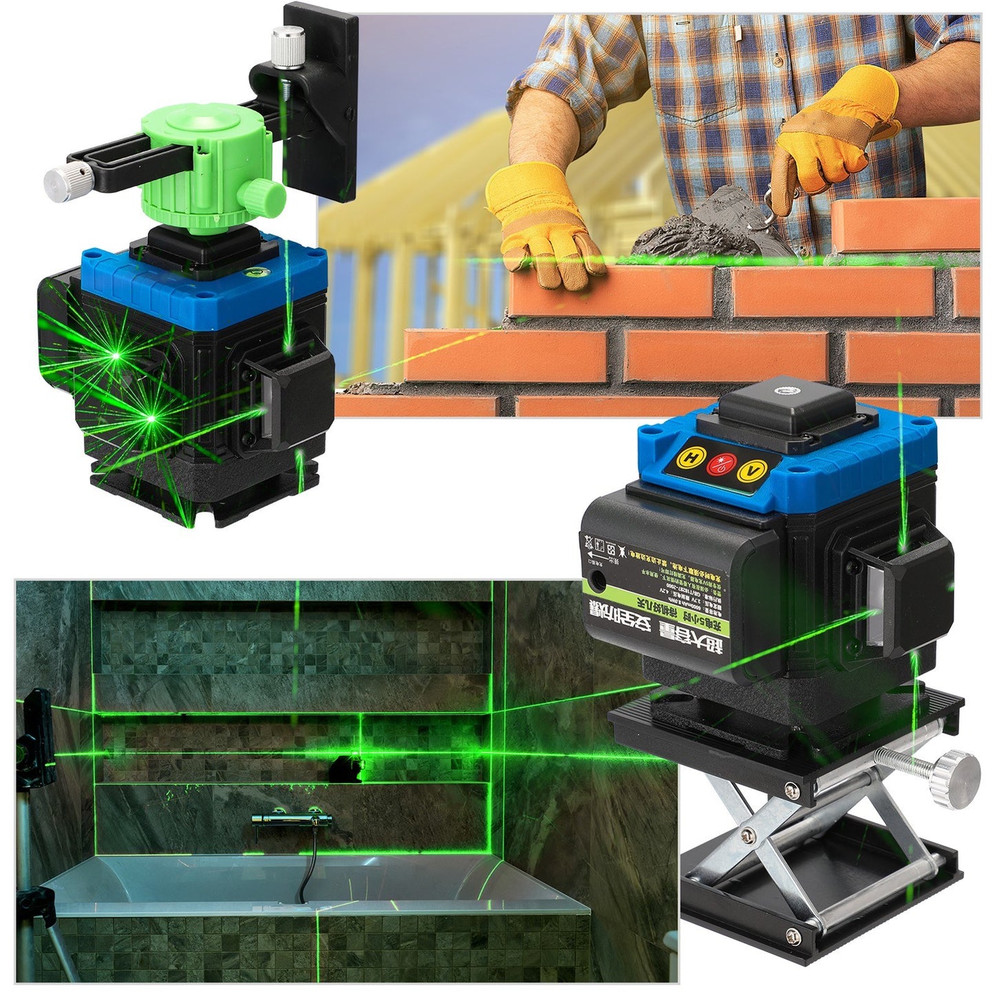 3D 360-degree Laser Level Measurment Instrument Touched Keys Multifunctional 12 Green Line Leveler with Fixed Base Adjustment Function - AU Plug