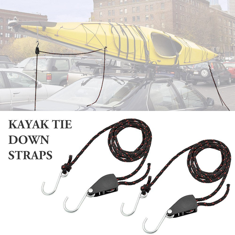 2Pcs 3.0m Kayak Tie Down Straps Canoe Bow and Stern Heavy Duty Cargo Ratchet Pulley Rope Hanger Working Load Up to 299.8lbs