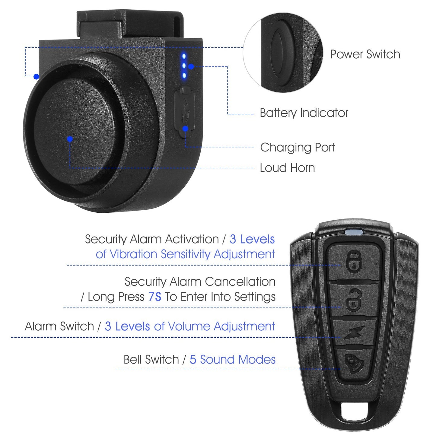 Electric Bike Horn Bell 115dB Loud Bicycle Bell IPX6 Waterproof Wireless Ring Bike Bells USB Rechargeable Bicycle Horn with 5 Sound Modes 3 Vibration
