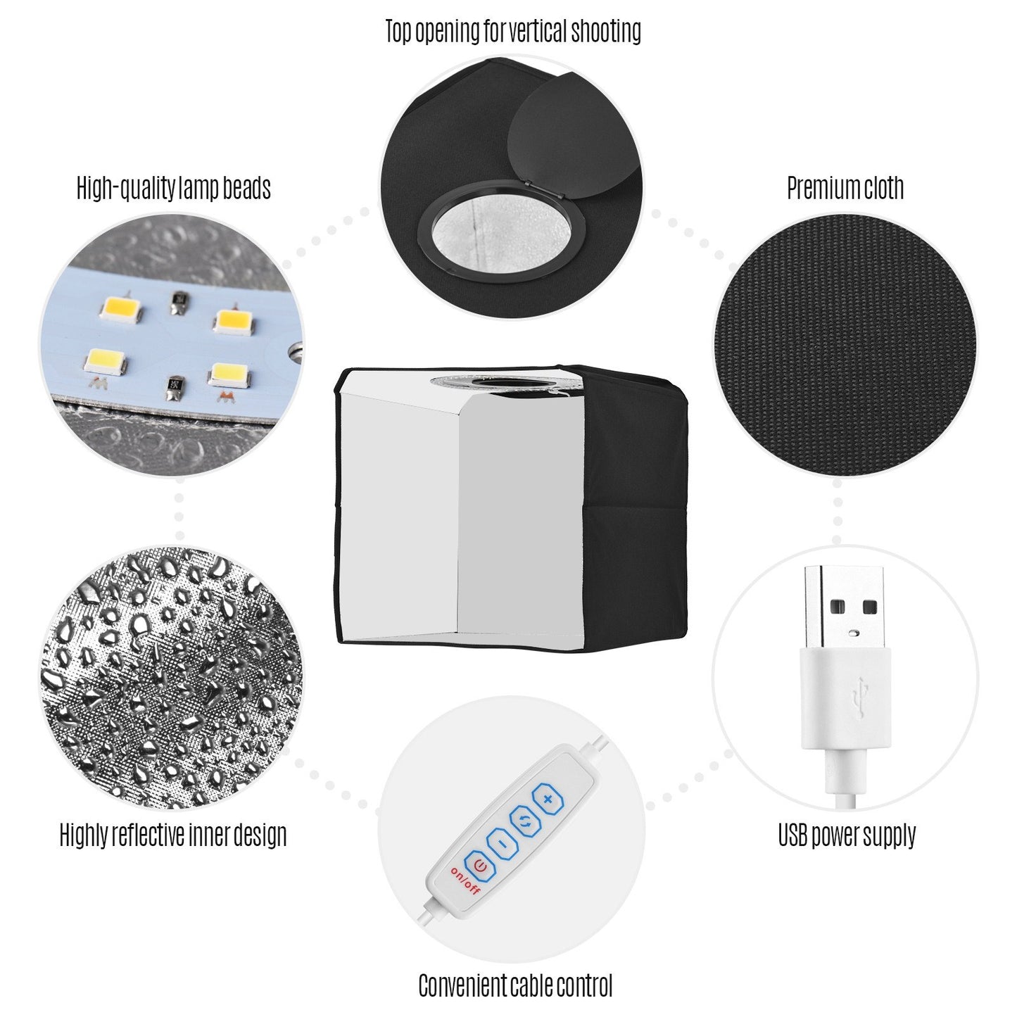 Portable Photo Studio 25 x 25cm/9.8 x 9.8-inch Shooting Tent Photography Light Box Kit with 6 Color Backdrops USB Power Supply