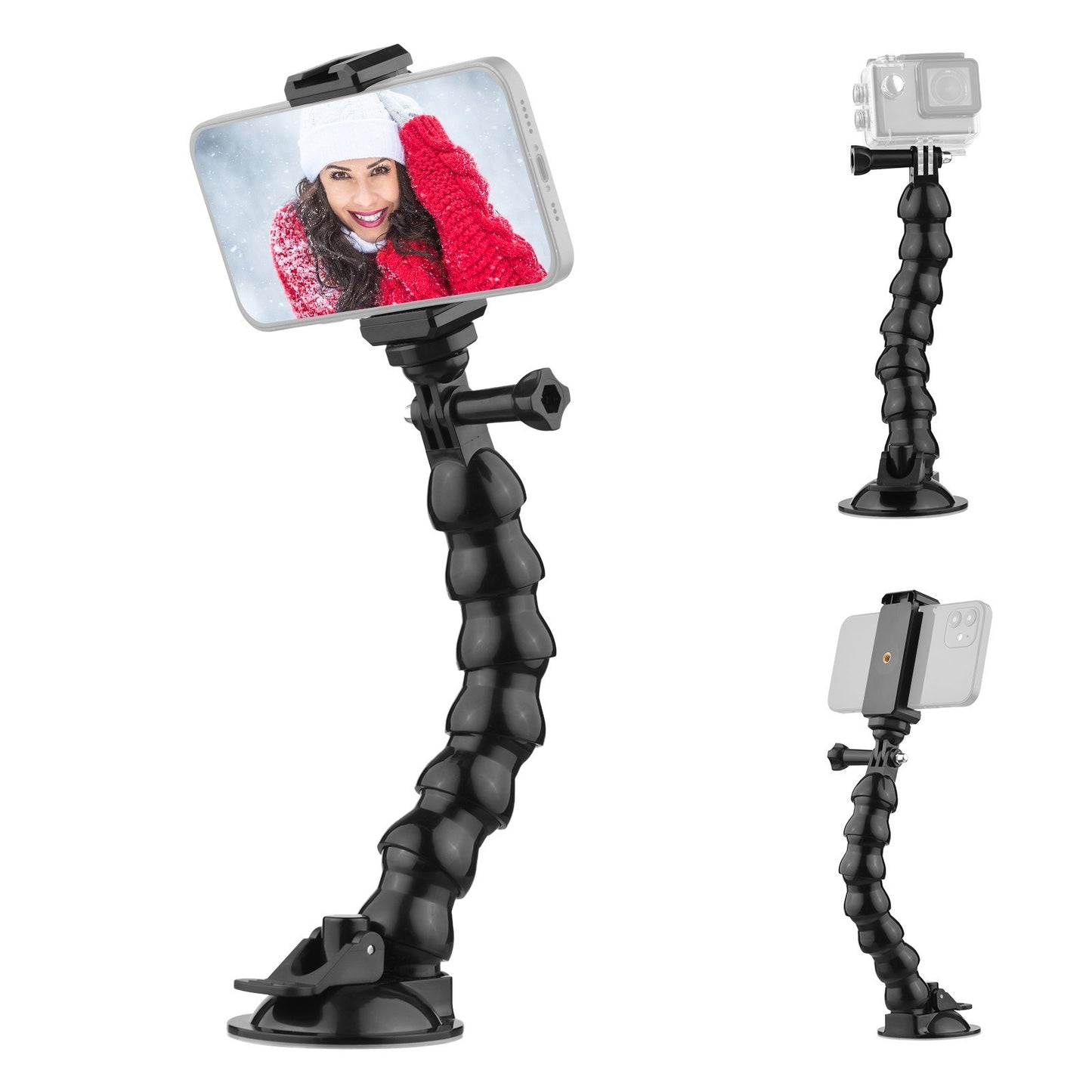 23cm/ 9.1in FlexSuction Cup Mount Windshield Phone Mount 360-degree Rotating 1/4 Inch Screw Connector with Phone Holder for Smartphone Sports Camera