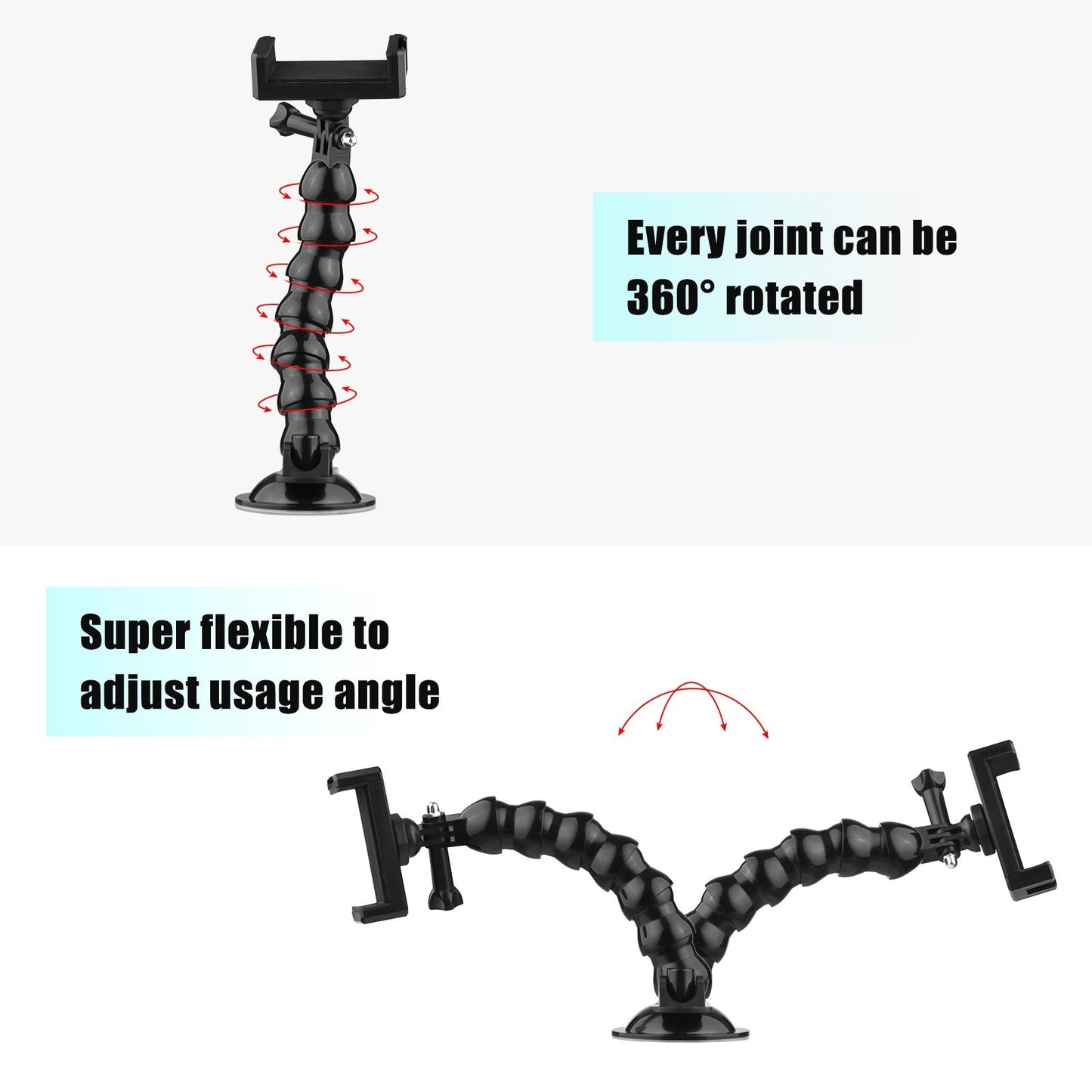 23cm/ 9.1in FlexSuction Cup Mount Windshield Phone Mount 360-degree Rotating 1/4 Inch Screw Connector with Phone Holder for Smartphone Sports Camera