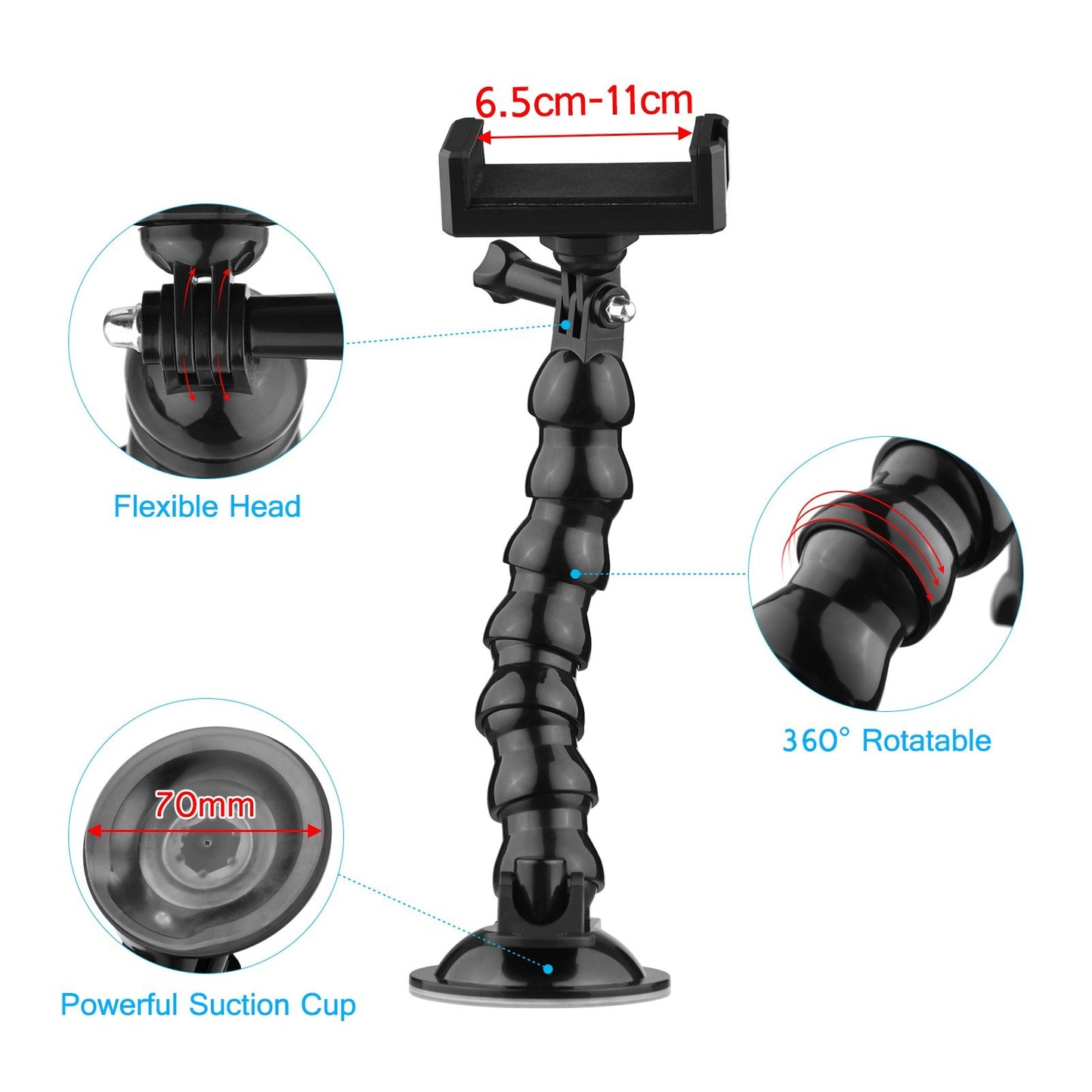 23cm/ 9.1in FlexSuction Cup Mount Windshield Phone Mount 360-degree Rotating 1/4 Inch Screw Connector with Phone Holder for Smartphone Sports Camera