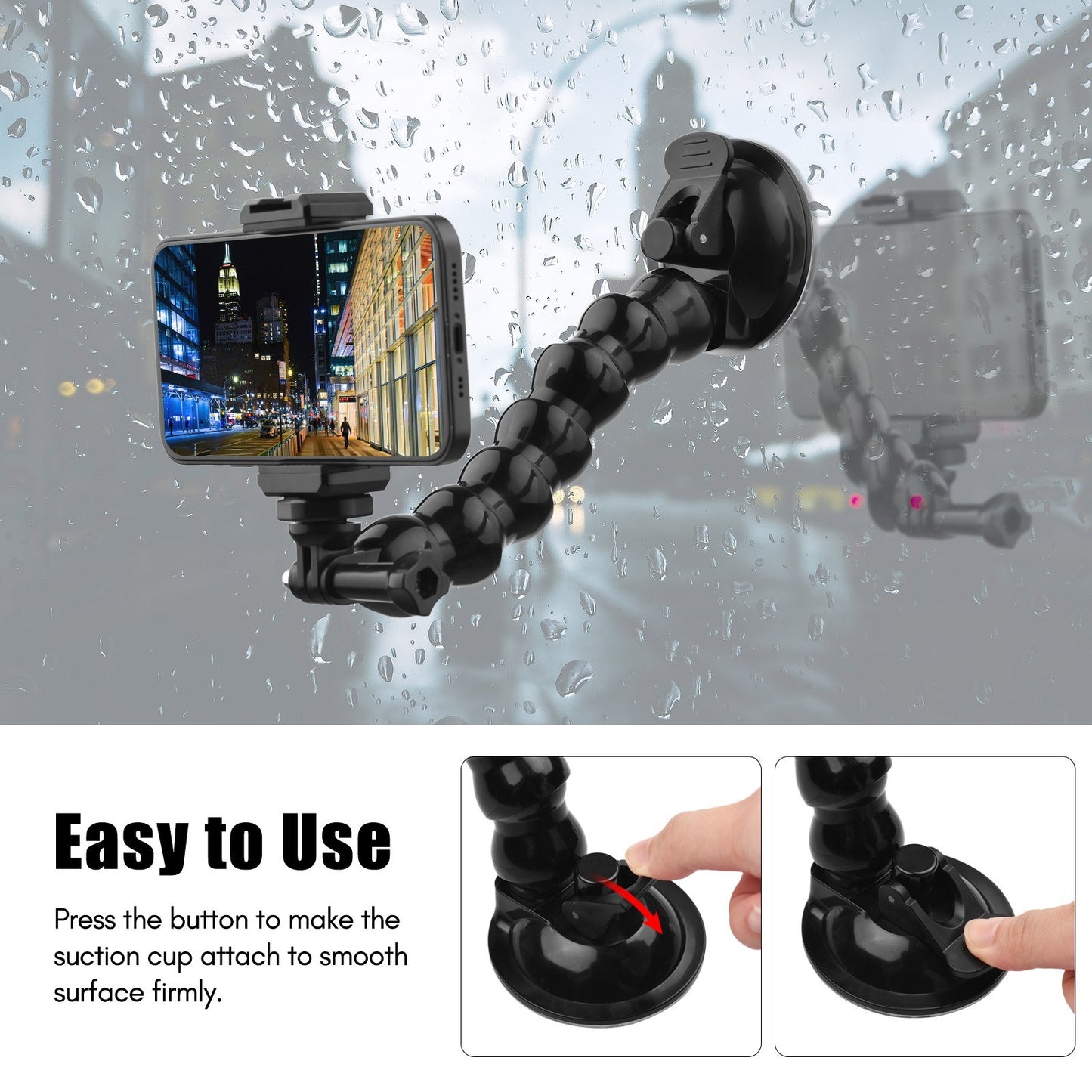 23cm/ 9.1in FlexSuction Cup Mount Windshield Phone Mount 360-degree Rotating 1/4 Inch Screw Connector with Phone Holder for Smartphone Sports Camera