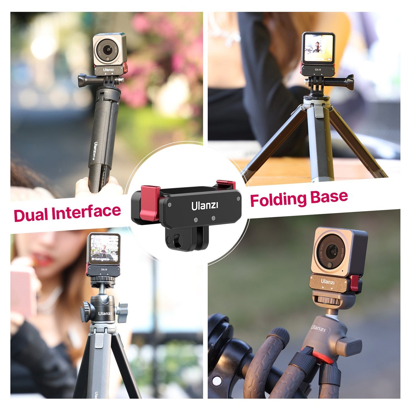 ULANZI OA-11 Dual Interface Folding Base for DJI Action 2, Aluminum Alloy Magnetic Adapter with 1/4 Inch Screw Hole Tripod Head Adapter Replacement