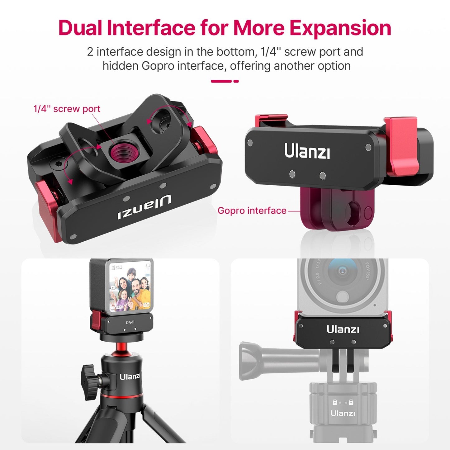 ULANZI OA-11 Dual Interface Folding Base for DJI Action 2, Aluminum Alloy Magnetic Adapter with 1/4 Inch Screw Hole Tripod Head Adapter Replacement