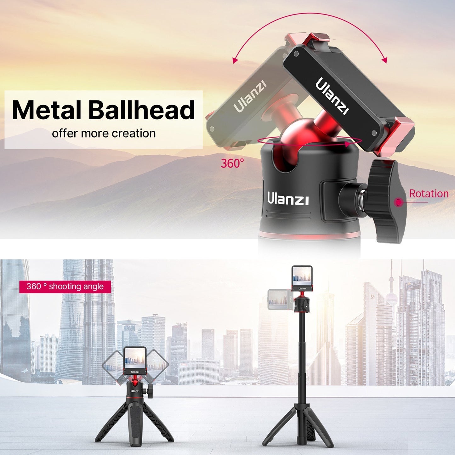ULANZI MT-50 Selfie Stick Tripod for DJI Action 2 Camera, Portable Monopod Stand Holder with 360-degree Rotatable Ballhead 3-section Extendable Tub