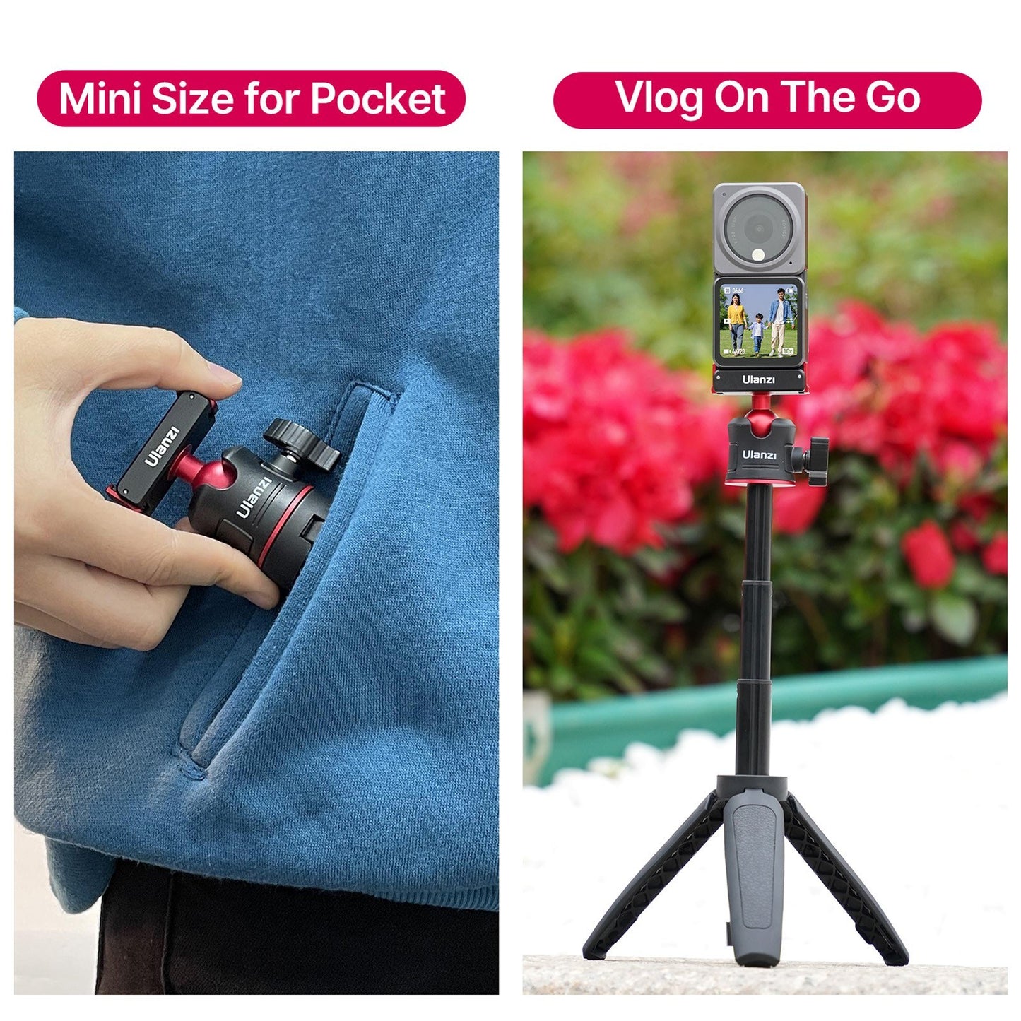 ULANZI MT-50 Selfie Stick Tripod for DJI Action 2 Camera, Portable Monopod Stand Holder with 360-degree Rotatable Ballhead 3-section Extendable Tub