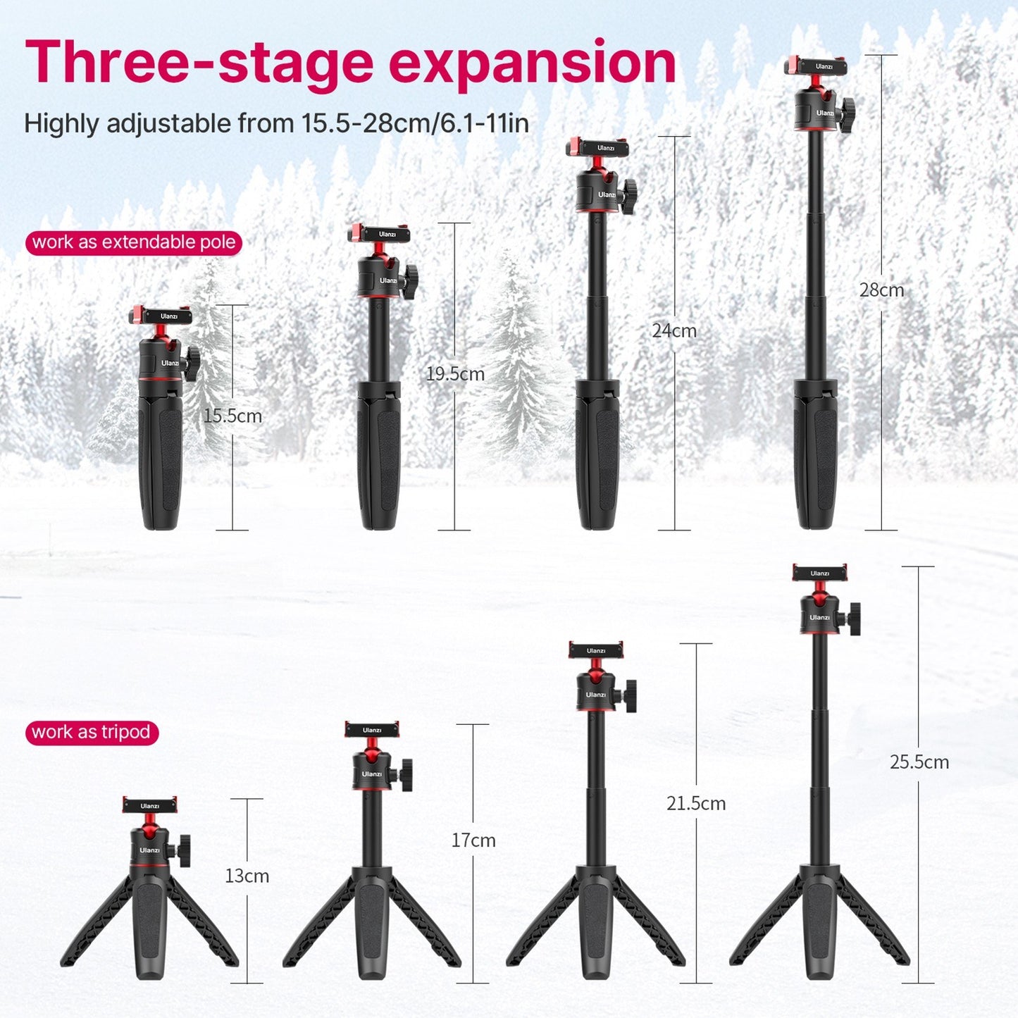 ULANZI MT-50 Selfie Stick Tripod for DJI Action 2 Camera, Portable Monopod Stand Holder with 360-degree Rotatable Ballhead 3-section Extendable Tub