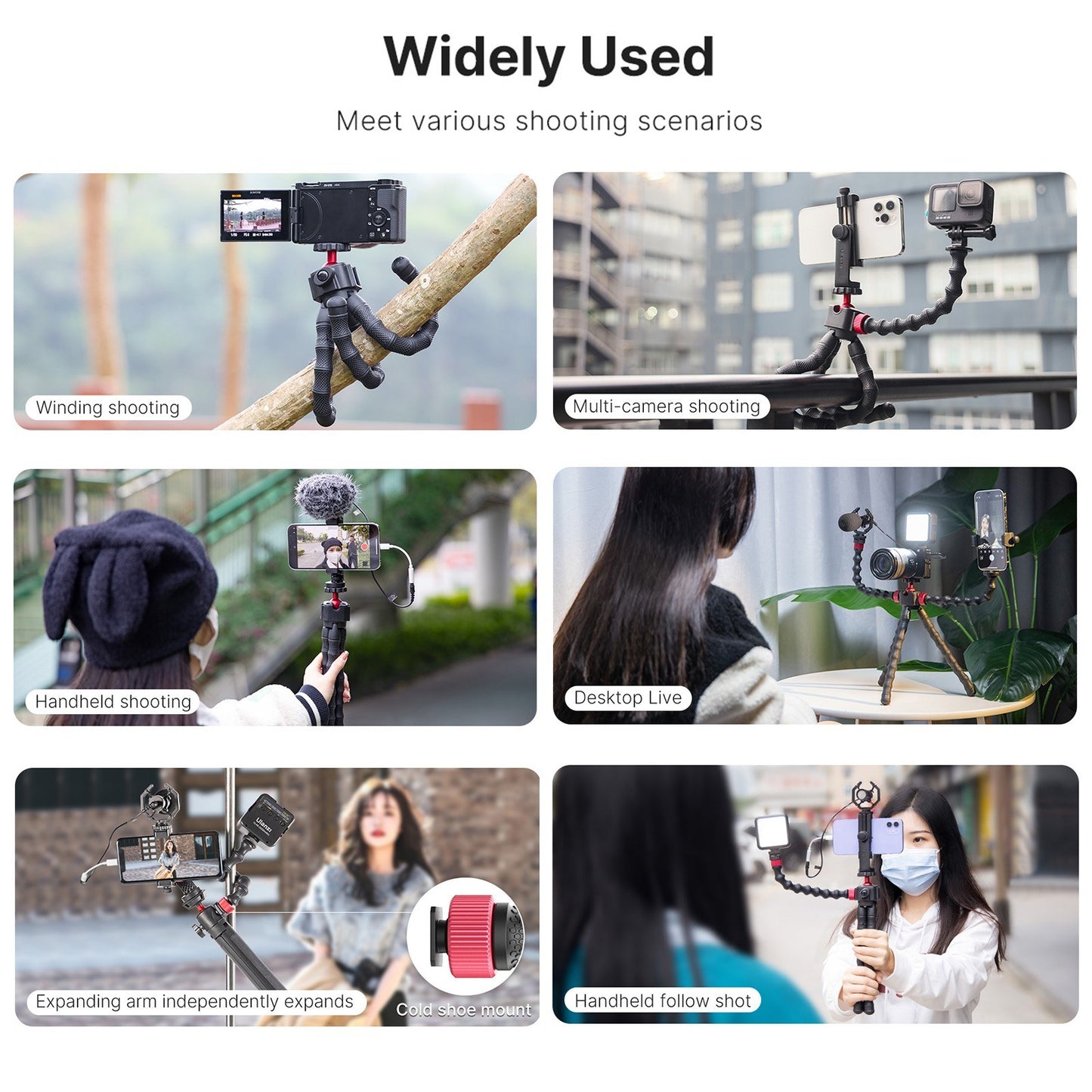 ULANZI MT-52 1/4 Inch Screw Cold Shoe Mount Flexible Tripod Stand with Dual Extension Arms Bracket Rotatable Ballhead for Smartphone Camera Vlog Selfie Live Streaming