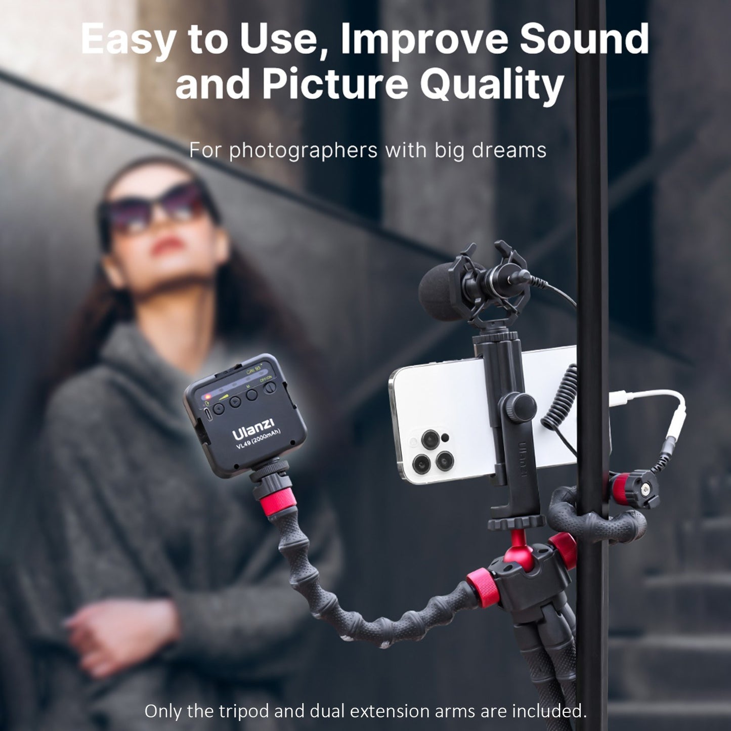 ULANZI MT-52 1/4 Inch Screw Cold Shoe Mount Flexible Tripod Stand with Dual Extension Arms Bracket Rotatable Ballhead for Smartphone Camera Vlog Selfie Live Streaming