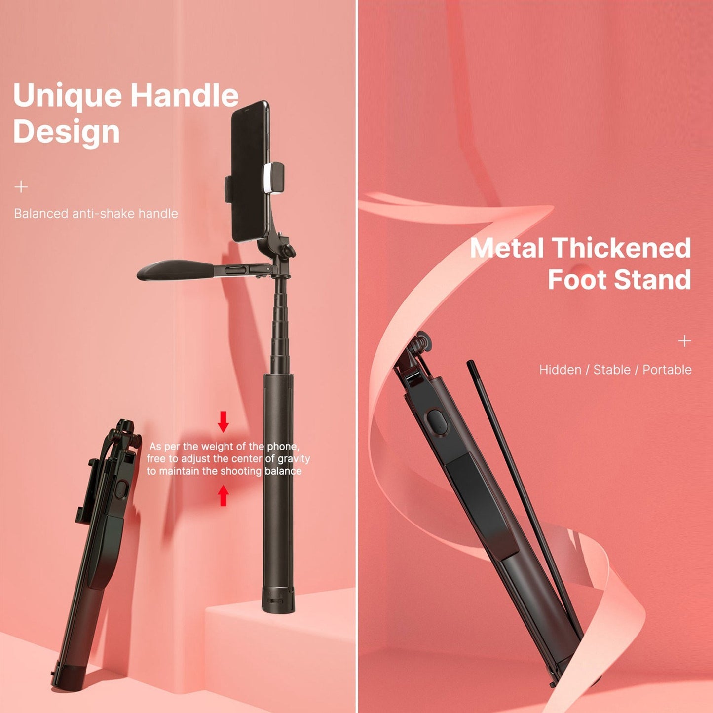 Uniqkart MT-53 Aluminum Alloy Extendable Selfie Stick Tripod Anti-shake Stand with Phone Holder Built-in LED Fill Light Remote Shutter