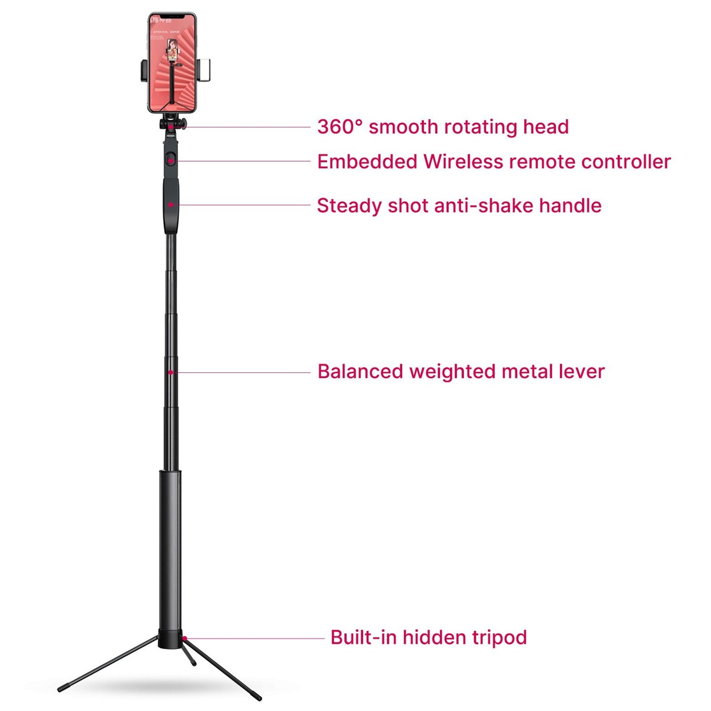 Uniqkart MT-53 Aluminum Alloy Extendable Selfie Stick Tripod Anti-shake Stand with Phone Holder Built-in LED Fill Light Remote Shutter