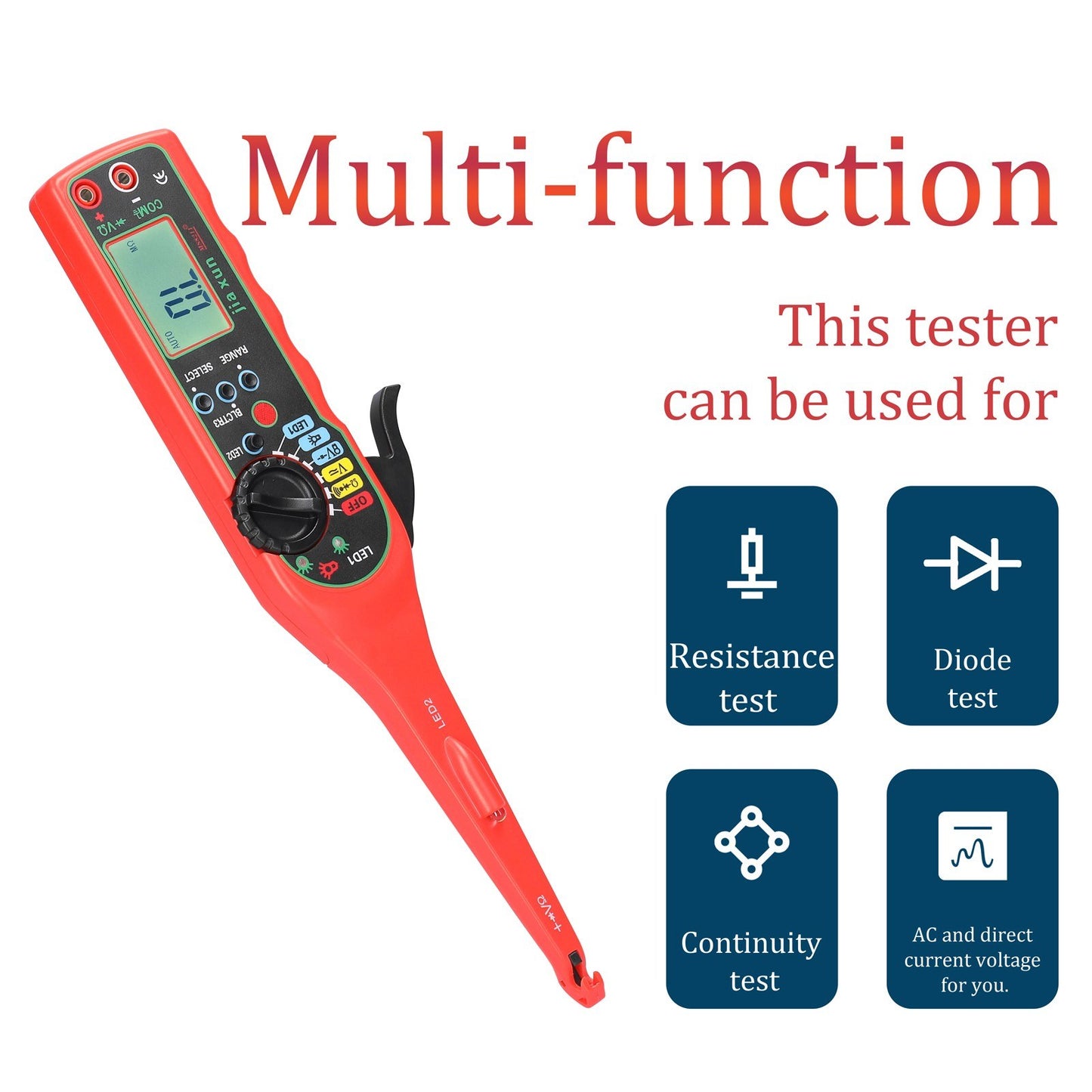 Portable Car Auto Circuit Tester Handheld Intelligent Multimeter with LED Lamp Auto Repairs Multimeter Automatic Ranges 24V Resistance Voltage Diode Continuity Testing Tool - Red