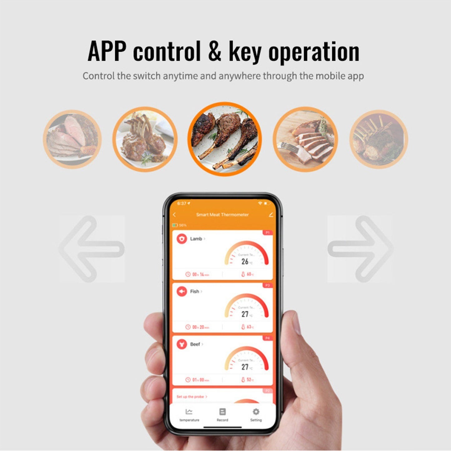 Digital LCD Display Smart Meat Thermometer with 4 Probes 262ft BT Distance APP Remote Control Timer Sharing Alarm Temperature Smart Cooking Thermometers for Barbeque Grill Oven Kitchen