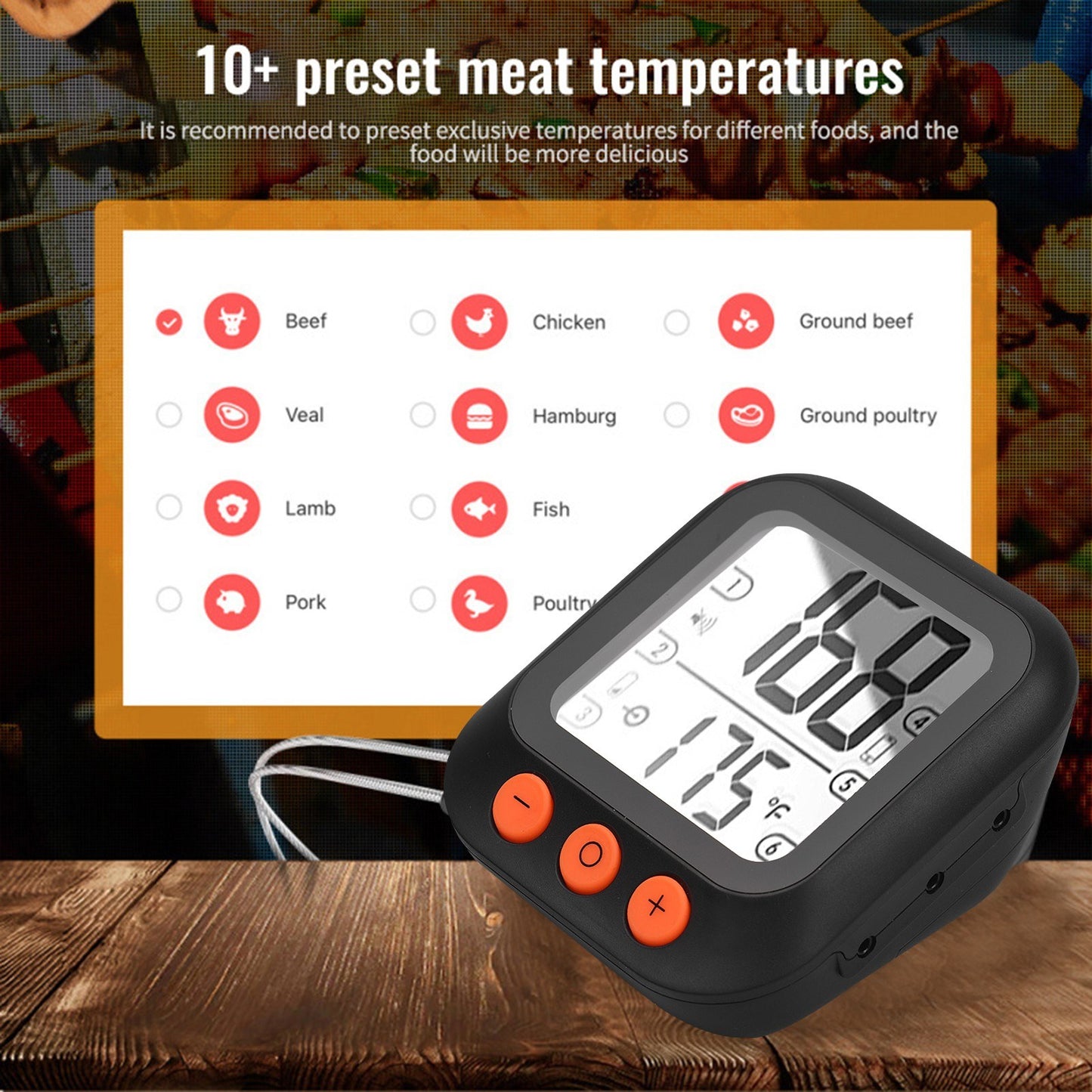 Digital LCD Display Smart Meat Thermometer with 4 Probes 262ft BT Distance APP Remote Control Timer Sharing Alarm Temperature Smart Cooking Thermometers for Barbeque Grill Oven Kitchen