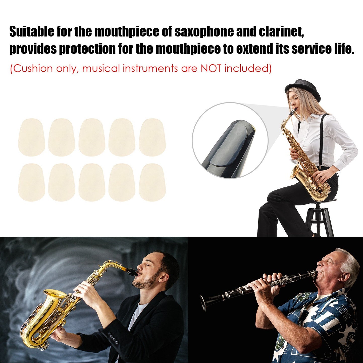 10PCS For Saxophone Clarinet Mouthpiece Silicone Pads Patch Cushion 0.5mm Thick Pad - Transparent
