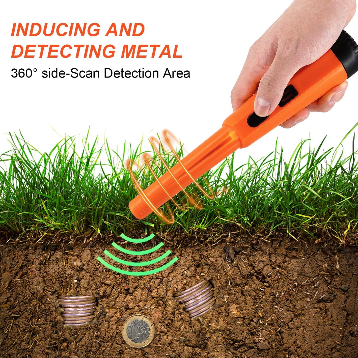 Portable Handheld Metal Pin Pointer GP-Pointers Rod Detector Underground Wiring Detector 360-Degree Search Gold Finder Bolt Finder with Spring Buckle/Wrist Guard/Waterproof Bag/Battery - Orange