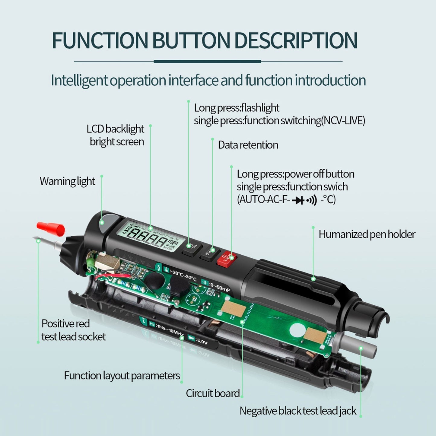 Aneng A3007 Pen Multimeter 6000 Counts Digital Voltage Tester with LCD Display Backlight Flashlight NCV Auto-off for Current Resistance Capacitance Diode Continuity Testing Tool