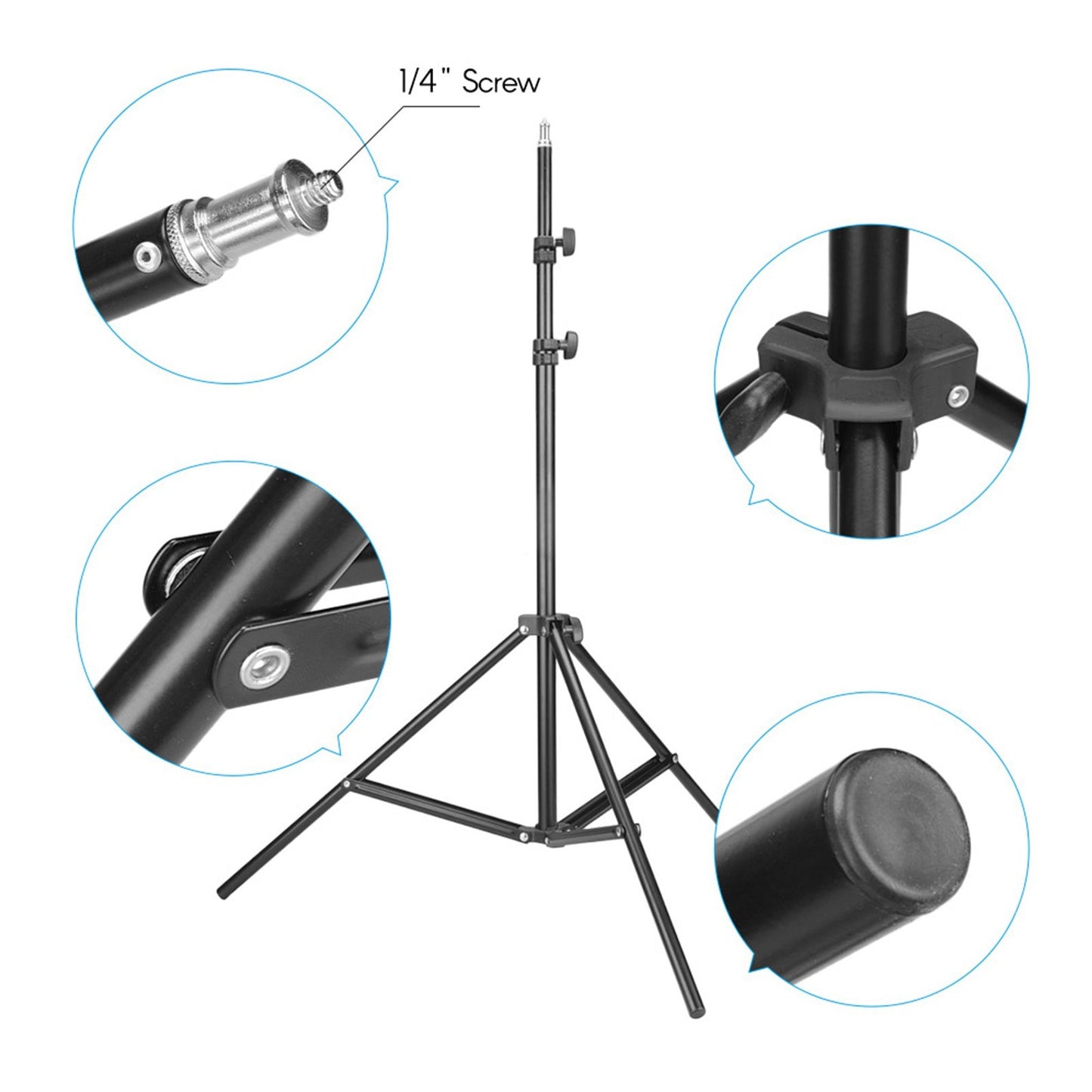 Light Stand Max. Height 2M/6.6ft with 1/4 Inch Screw Photography Tripod Stand Floor Selfie Ring Light Support for Studio, Umbrella, Backdrop, LED Panel