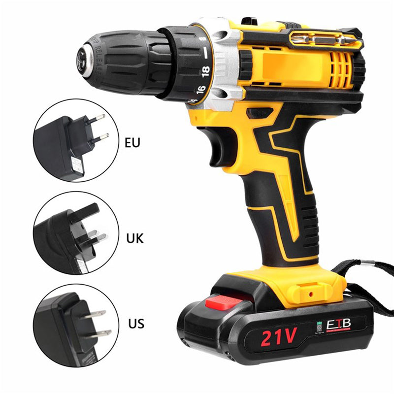 Cordless Drill Set 21V Power Drill 18 Gears of Torque Adjustable Holes Drilling Impact Combo Kit - EU Plug