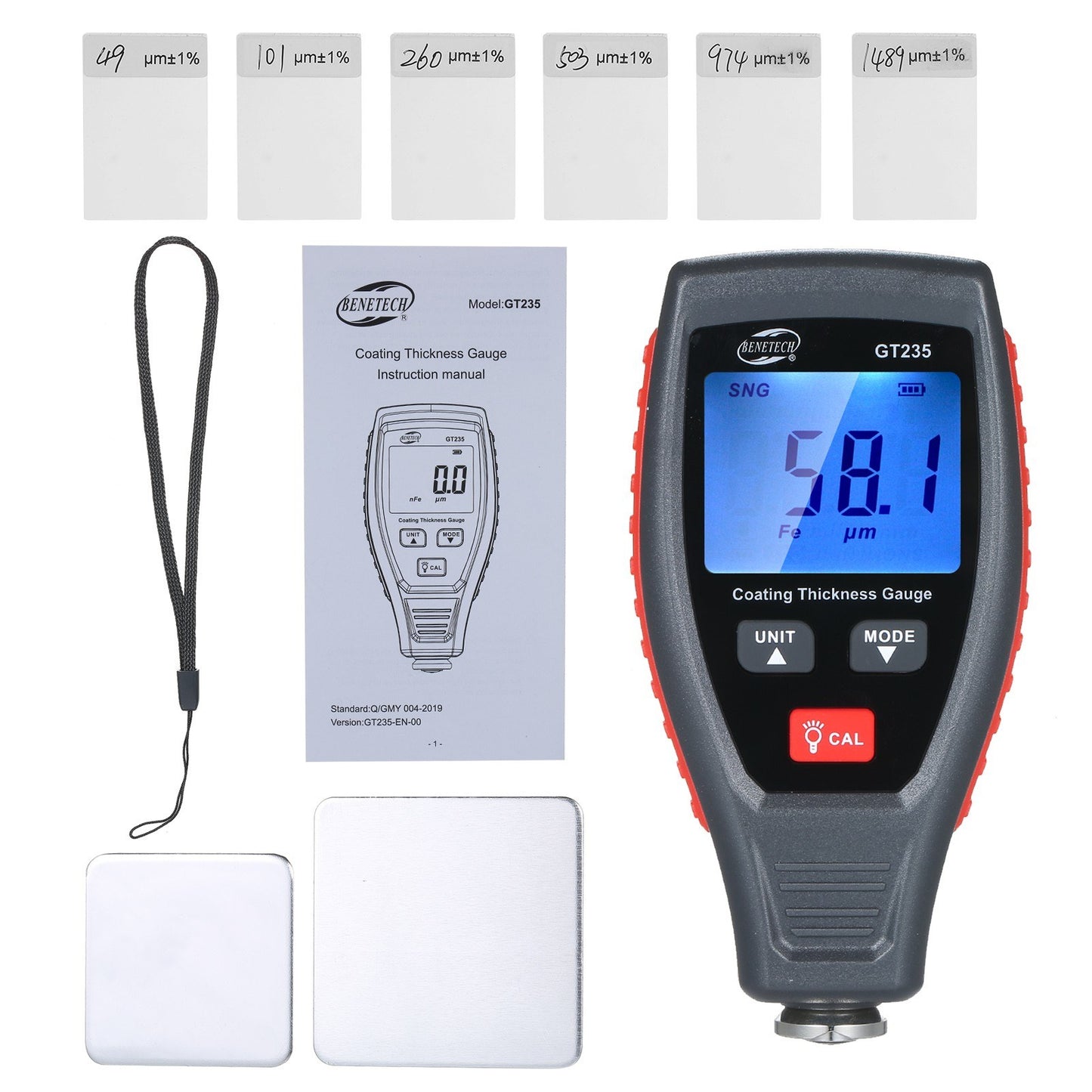 Uniqkart GT235 LCD Car Paint Coating Thickness Detector Handheld Coating Thickness Tester with Pouch Calibration Substrates Calibration Coating Film