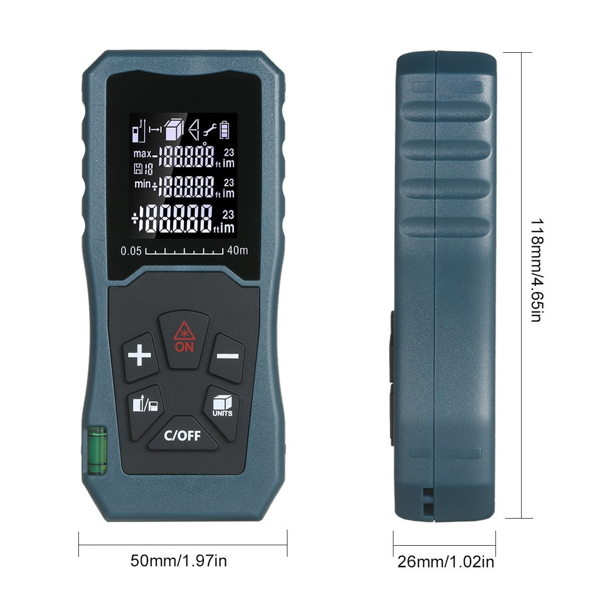 Laser Distance Meter Bubble Level Handheld 1.6-inch LCD Diastimeter Pythagorean Mode Measure Distance Area and Volume - 40m