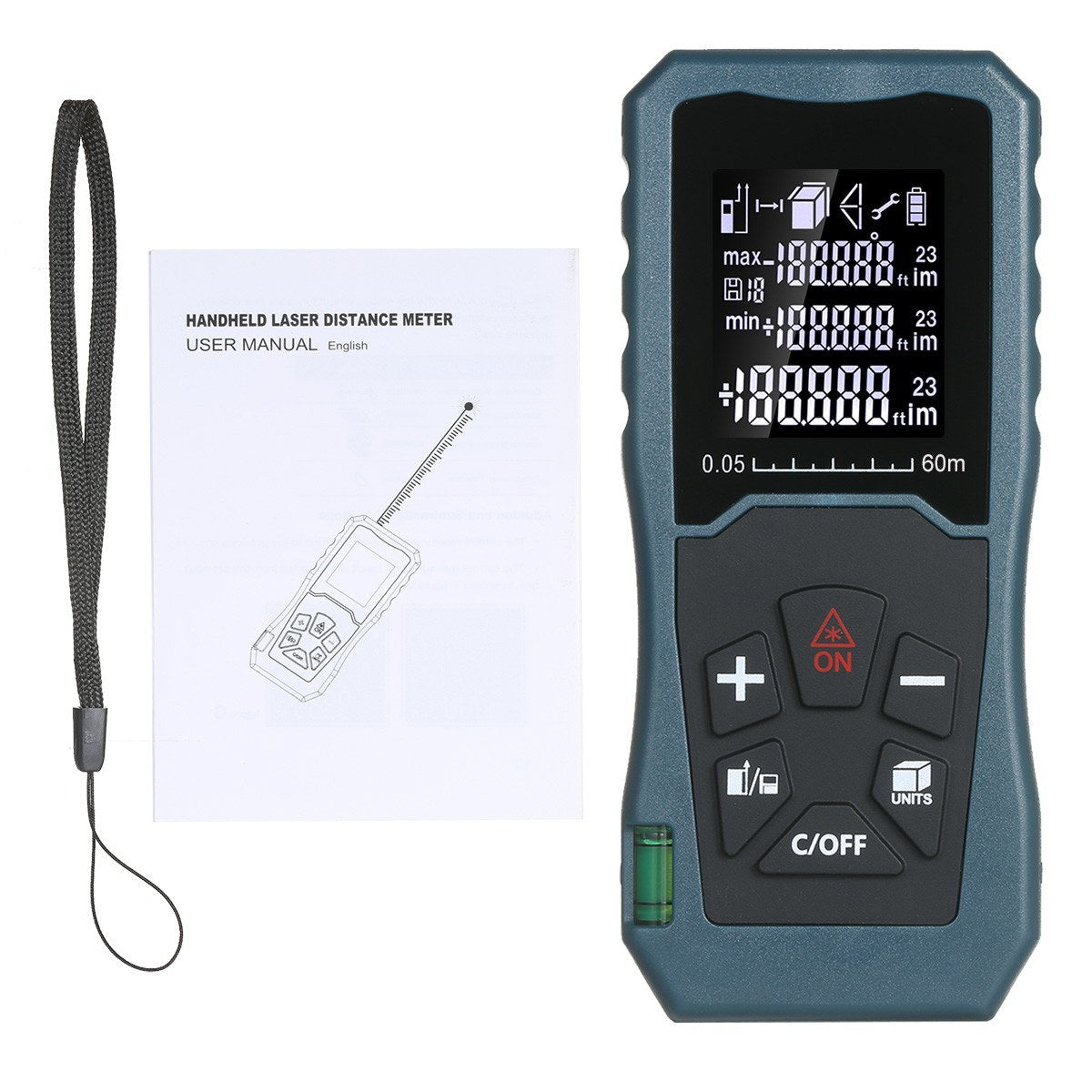 Laser Distance Meter Bubble Level Handheld 1.6-inch LCD Diastimeter Pythagorean Mode Measure Distance Area and Volume - 60m