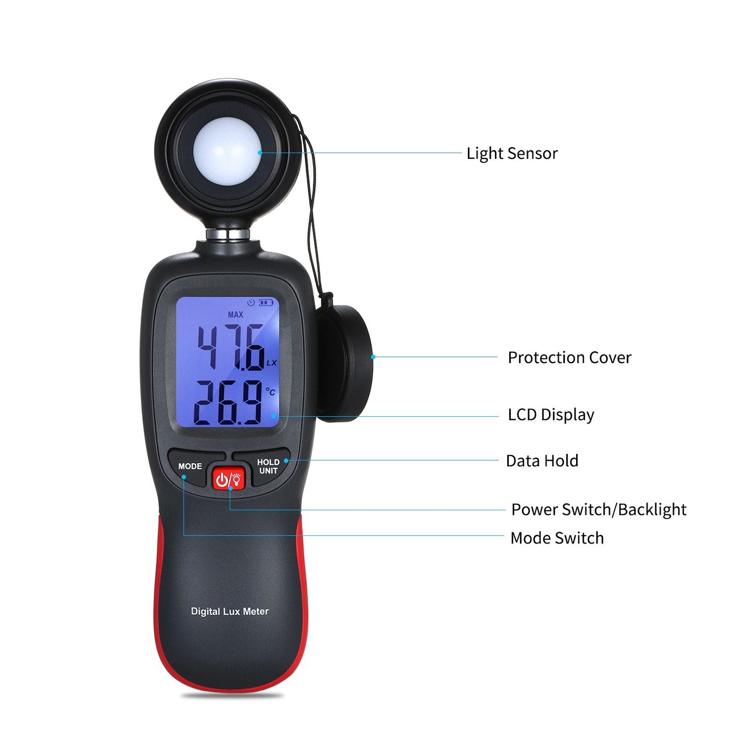 Handheld Light Meter LCD Display Digital Lux Meter with Range up to 200,000 Lux with Max / Min / Data Hold Mode