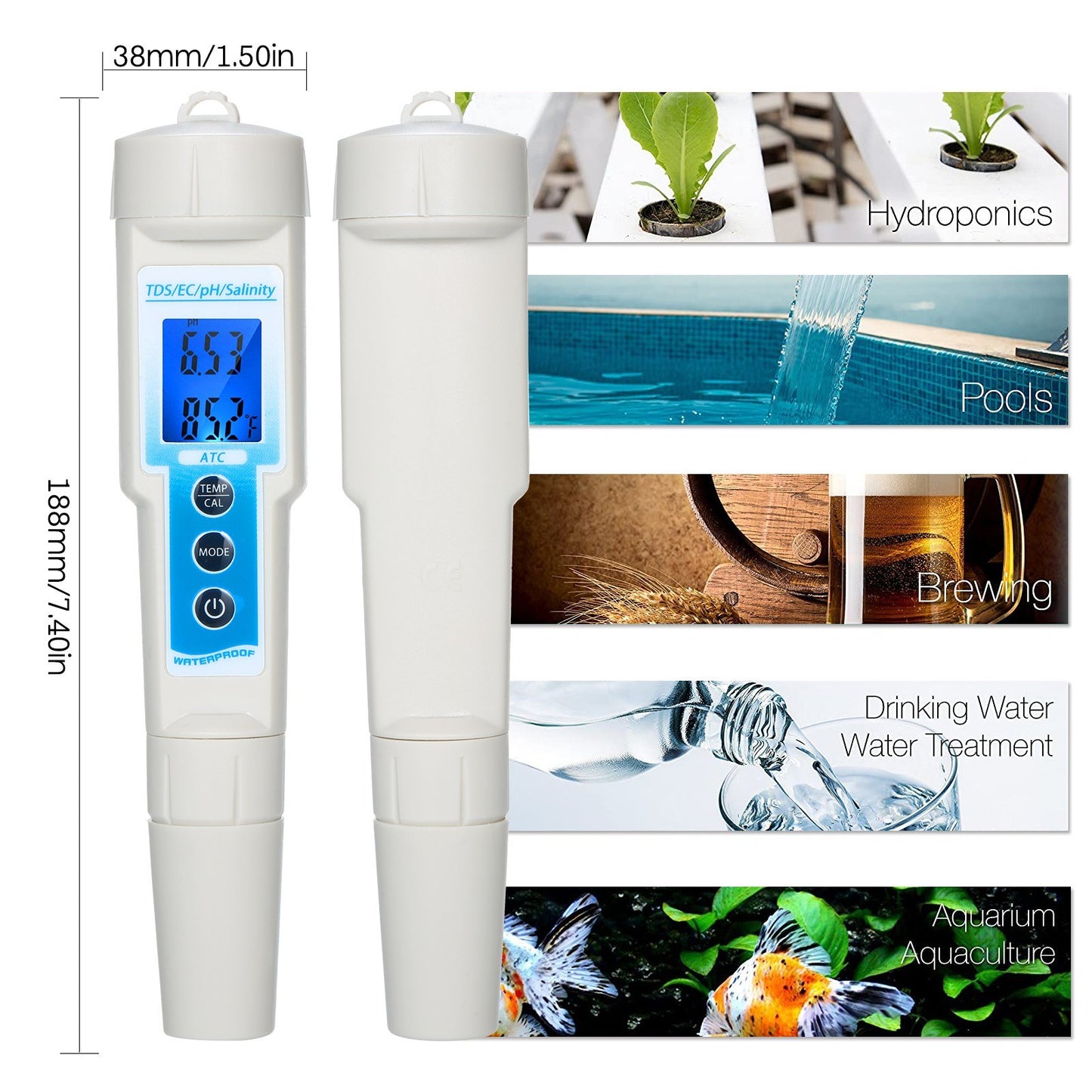 5-in-1 pH Meter Lightweight Durable Waterproof Multi-functional TDS / EC / pH / Salinity / Temperature Meter Water Quality Tester